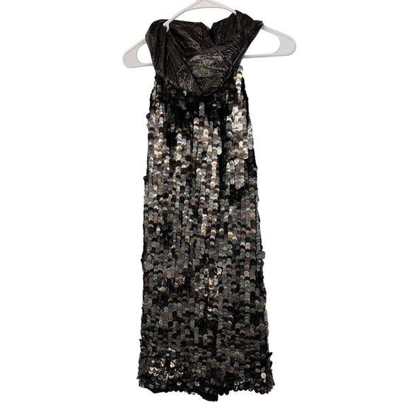 NWT Black Sequin Halter Dress Faux Leather Twist Neck By Poleci Size 0 Silk USA - Picture 1 of 12